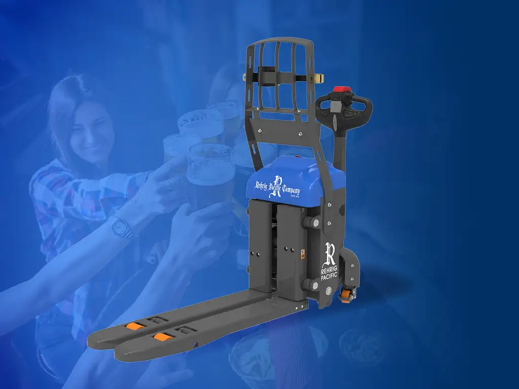 A photo of a Rehrig Pacific Duo Lift on top of a blue overlay with people holding beer in the background