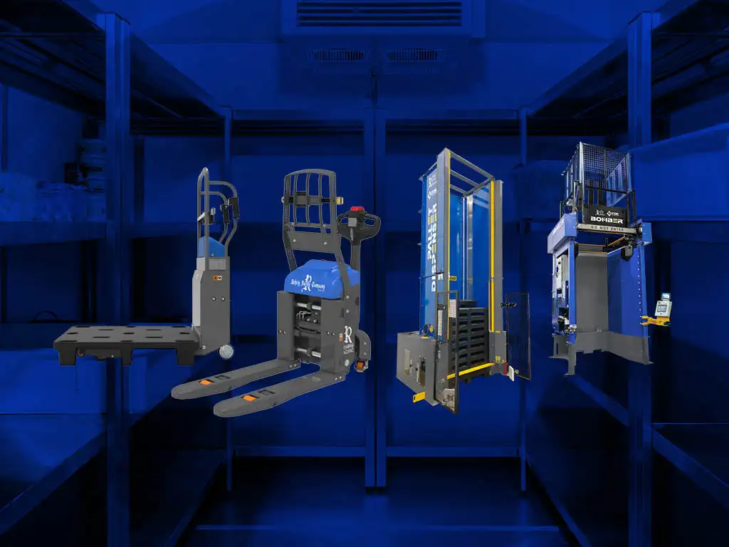 Silhouettes of a Hybrid Sled, Duo Lift, and Rehrig Pallets and QTEK Pallet Handling Solution Machines displayed against a dark blue gradient background