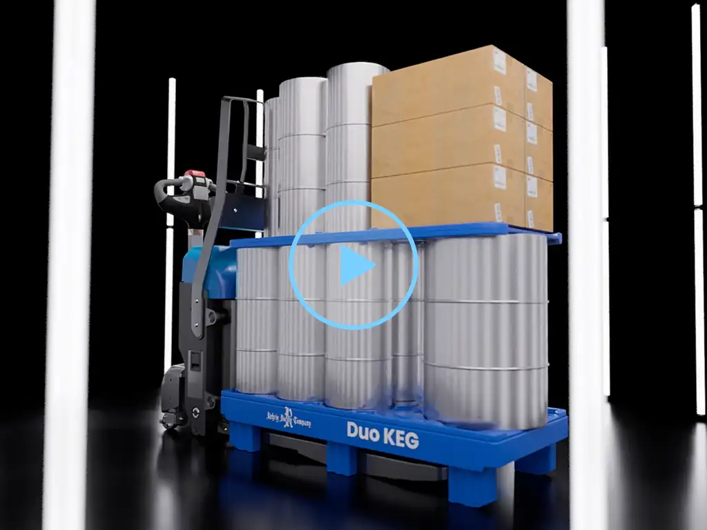 An image of Rehrig Pacific's Duo Keg Pallet carrying brown boxes and silver cylinders 
