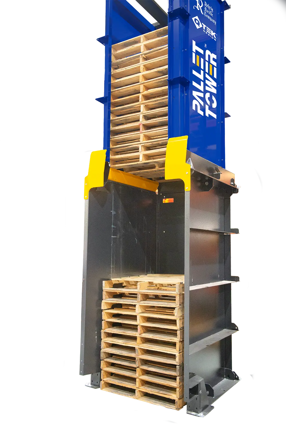 QTEK Pallet Tower space-saving pallet storage system with manual forklift access